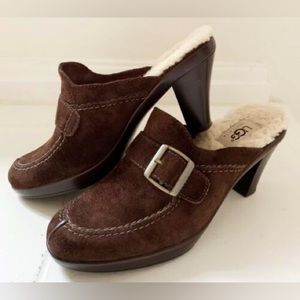 UGG Isabella Brown Suede Leather Shearling Buckle Clog Block Heels
